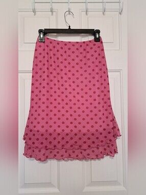 See You Monday Pink Polka Dot Layered Midi Skirt